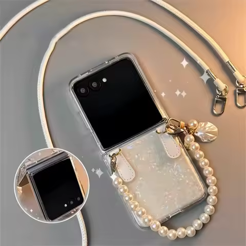 Luxury Shell Pattern Case with Pendant Pearl Chain for Motorola Razr 70 Ultra Razr70 Razr 60 Razr 50