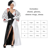 Movie Cruella De Vil Cosplay Costume For Women Cruella Black White Witch Dress V-neck Long Dress Wit