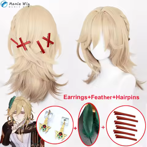 50cm Long Kaveh Genshin Cosplay Wig Game Kaveh Linen Gold With Braid Wigs Hairpins Heat Resistant Ha