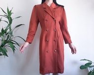 復古 80 年代棕色連身裙 雙排扣連身裙 泡泡袖豌豆大衣連身裙 M