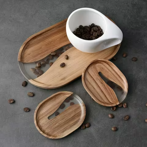 Acacia Wood Serving Tray with Resin Decorate Wooden Serving Platter Oval Wooden Plates Wood Cheese P