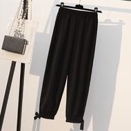 Women Casual Harajuku Long Ankle Length Trousers Plus Size Solid Elastic Waist Cotton Linen Pants