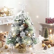 Feliexez 22" White Mini Christmas Tree, Tabletop Small Christmas Tree with 6.6Ft LEDs String Lights, Star Treetop,Ornaments Balls, Gift Box and Pine Cones for Bedroom Christmas Decorations