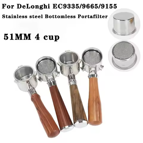 51mm Bottomless Portafilter for DeLonghi EC9335/9665/9155 Coffee Machine Stainless Steel 4-cup Handl