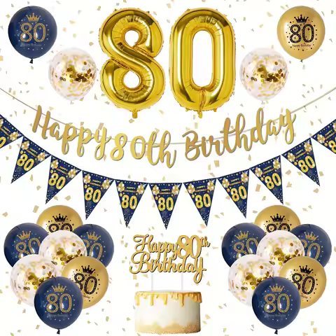 16th,70th,80th Birthday Decorations Men Blue Gold Happy 80th Birthday Banner 80th Birthday Balloons 