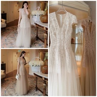G234 TARA | Cream Long Party Dress Luxury V-Neck Flowing Mesh Skirt Chu