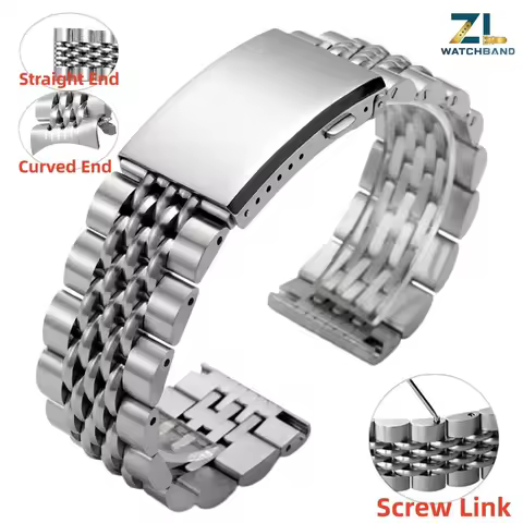 20mm 22mm Watch Strap Screw Stainless Steel Bracelet Seven Bead Link Straight/Curved End Watch Band 