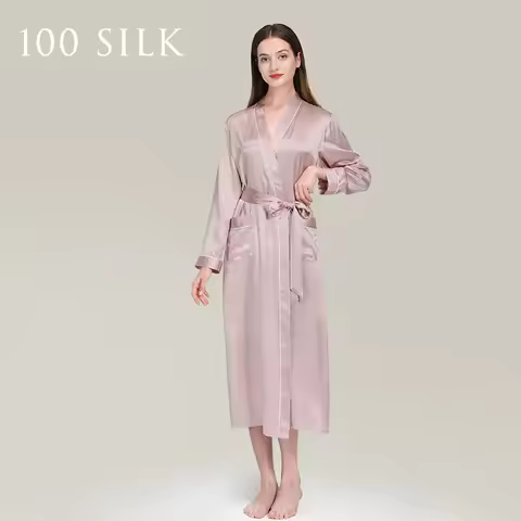 Seda19MM 100% mulberry silk Dress long v-neck pajamas Nightgown Silk Cardigan Open Robe 100% silk pa