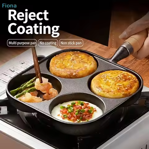 ☭4-Cup Cast Iron Egg Frying Pan,Non-Coating Multi-Purpose Breakfast Skillet for Pancakes & Burgers