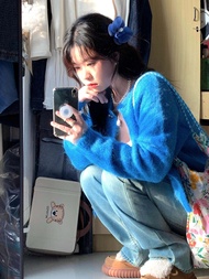 Klein Blue Knitted Open คาร์ดิเกน ผู้หญิง คอกลมแขนยาว นุ่ม Cozy สไตล์เกาหลี Fufu ฤดูใบไม้ร่วง ฤดูหนา