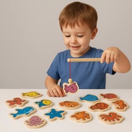 Magnetic Fishing Toys Wooden Children's Game 33-Piece Set