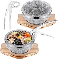 Lallisa 2 Set Dolsot Bibimbap Stone Bowl with Wood Base and Aluminum Tongs Dolsot Pot Stone Bowls Si