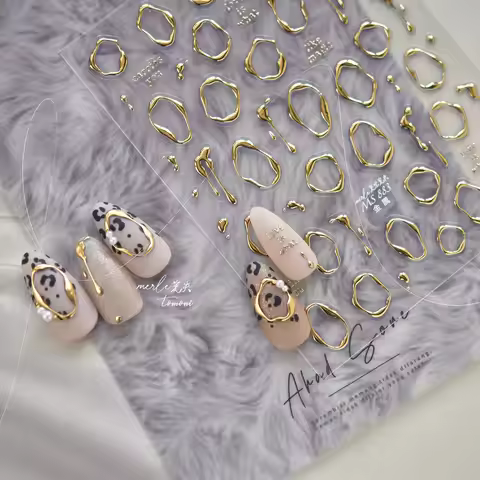 5D Gold Silver Metallic Nail Stickers Irregular Circle Drips Ribbon Love Nail Design Stickers 3D Sel