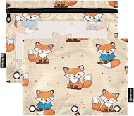 Cute Cartoon Foxes Beige Dots 3 Hole Zippered Pencil Pouch with Clear Window, 2Pack Pencil Pouch Tee