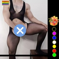Plus size Men Bodysuit Hollow Bar Club Dance Party Transparent Black sissy Underwear Male Sleepwear 