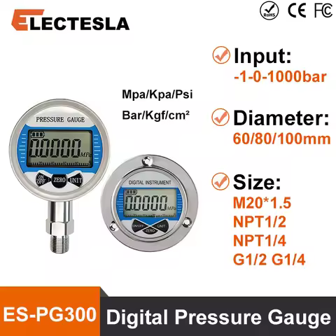 ES-PG300 Smart LCD Digital Display Pressure gauge 100mm Oil Fuel Water Pressure Meter -1-0-1000bar L