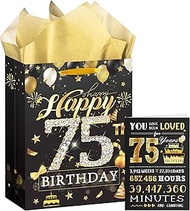 EoBeCy 75th Birthday Gift Bags for Men Women, Black Gold Happy 75th Birthday Gift Wrap Bag with Hand