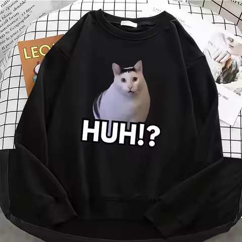 Cat Saying Huh? Meme Womens Solid Hoodies Fleece Sweatshirt Soft Breathable O-Neck Pullover Casual F