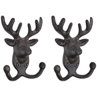 2 Pack Deer Head Cast Iron Wall Hooks -Decorative Coat Hooks Wall Mount for Hanging Key Vintage Anim