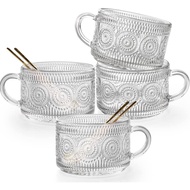 Vintage Glass Coffee Mugs Set of 4, 14 Ounces Embossed Glass Coffee Cups Stackable Coffee Mugs for C