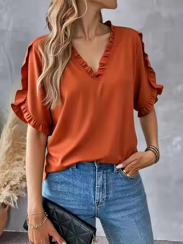 V Neck Ruffle Trim Short Sleeve Blouse Flowy Casual Top