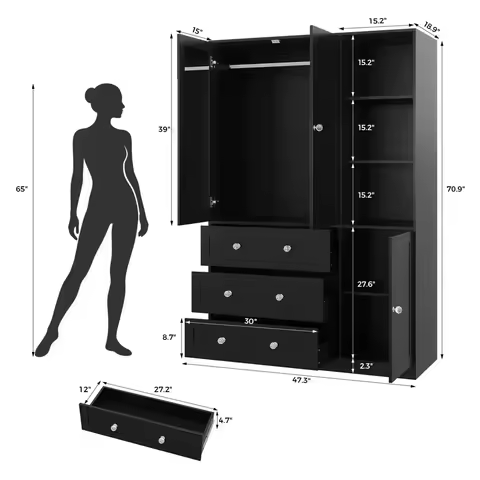 71H Armoire Wardrobe Closet with Mirror and Open Shelves 1, Black Clothing Storage Cabinet with Hang