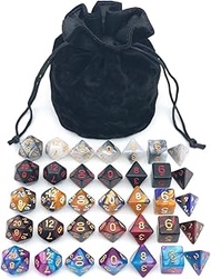 Assorted Polyhedral Dice Set with Black Drawstring Bag, 5 Complete Dice Sets of D4 D6 D8 D10 D% D12 