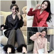 Women's Pajamas for Home Wear - Latin Silk Set with Feather Trim Long Sleeve Pearl Button Shirt with
