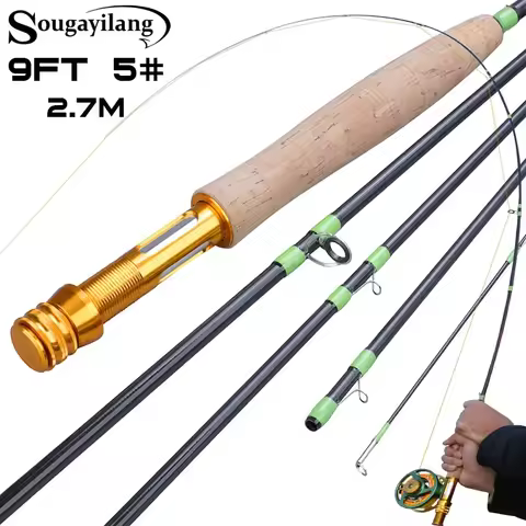 Sougayilang Fly Fishing Rod 3-12wt 2.7M Portable 5 Sections Carbon Fiber Fast Action Fly Rod for Bas