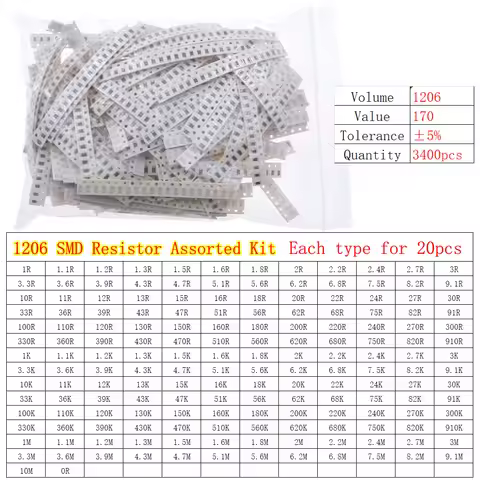 3400Pcs/lot 0R~10MR 170Value 1/4W ±5% 1206 Chip Fixed SMD Resistor Assorted Kit