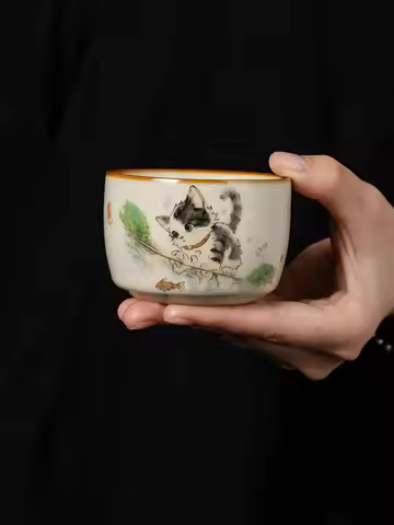 115ml Cute Cat Chinese Tea Cup Master Cup Ru Yao Ceramic Opening Yellow Beautiful Teacup Flowers Tea
