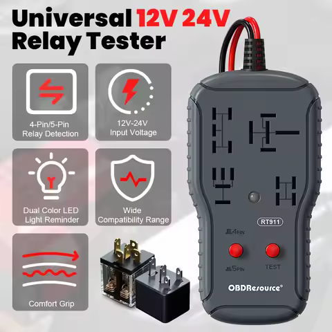 OBDResource Car Relay Tester 12V 24V Universal Car 4Pin 5Pin Relay Tester LED Indicator Battery Volt
