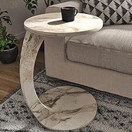 Furpinea C Shaped End Table for Couch Small Places, Faux Marble White Space Saver Round Side Table for Sofa and Bedside with Wheels, Coffee and Snack Time Tray for Living Room (White Marble)