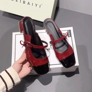 Women's high heel sandals with 3 cm square sole, cute stool, luxurious color combination, soft shiny