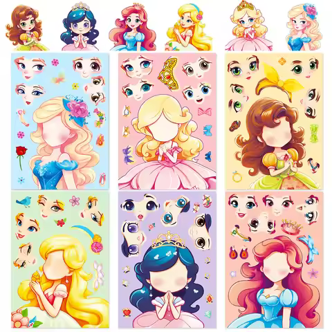 6pcs Princess Face Changing Stickers Cartoon Cute DIY Princess Make a Face Changing Stickers Childre