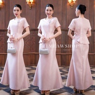 S-4XL เดรสยาวเนื้อผ้าไหมญี่ปุ่น คอปาด กระโปรงทรงหางปลา ชุดไปงาน ชุดออกงานสาวอวบ อ้วน ชุดราตรี ชุดสุภ