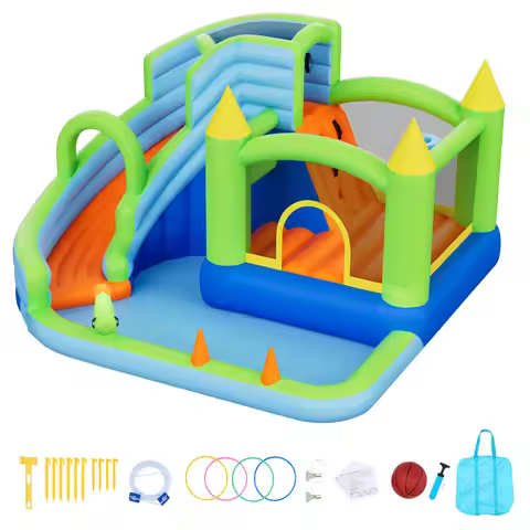 SucceBuy 11.3x12.3x7.0 ft Inflatable Bounce House with Castle Bounces Splash Pool & Water Ring Toss