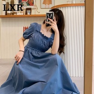 ❅☇❈dress Sherry 9.9biru women square neck midi loose baju kurung boho blue short sleeve maxi pantai 