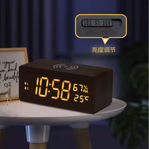 LED wooden clock 15W wireless fast charging electronic clock with perpetual calendar temperature and