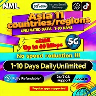 NML Asia: 11 countries/regions eSIM 5G 1-10 Days DailyUnlimited20Mbps High-Speed Data eSIM Asia-11 |