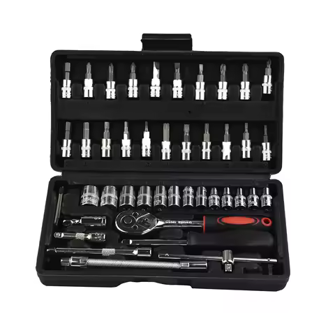 46pcs Automotive Tool Set Spanner Socket Screwdriver 1/4 Ratchet Wrench Box Kit High Quality Chrome 