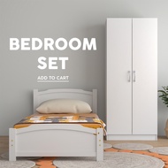 SKL Furniture White Single Bedroom Set - Bedframe + Wardrobe + Chest Of Drawer / Almari Baju