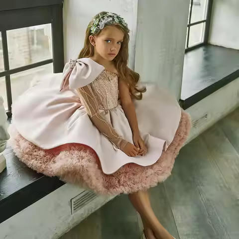 Jill Wish J148 Luxury Elegant Pink Flower Girl Dress Bow Sequined Blue Princess Gown for Kids Weddin