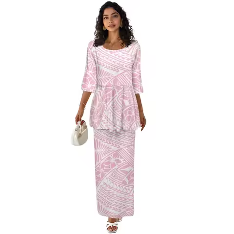 Summer Islander Puletasi Samoa Dresses Lady Short Sleeve Women Two Piece Set Polynesian Tribal Cloth