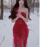 DR9 RED Mesh LACE DRESS WITH BODY FOR PARTY, WEDDING, LUXURY EVENTS