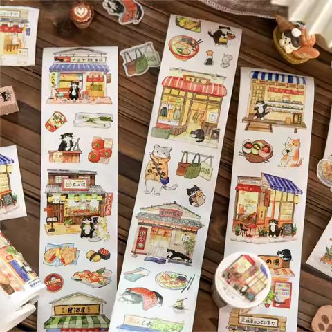 60mm * 2m Cat Shop Series Kawaii Japanese Grocery Cartoon Decoration Washi Tape DIY Handmade Scrapbo