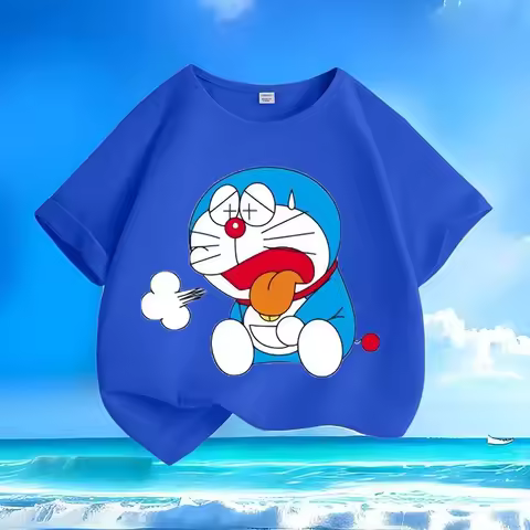 2026 Summer Doraemon "Slacking Off" Themed 100% Pure Cotton Printed Short-sleeved T-shirt for Boys a