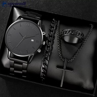 【OMALL】 4Pcs Men's Watch Set Business Quartz Watch With Calendar Wrist Watch Necklace Bracelet Ring 