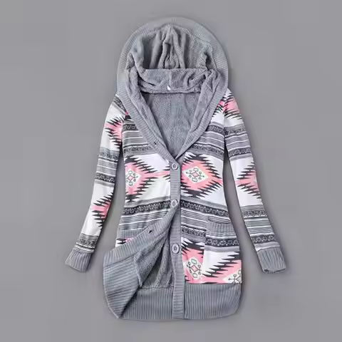 Fashion Women Cardigan Hooded Skin-friendly Sweater Cardigan Buttons Closure Hooded Plush Lining Swe