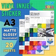 A3 Vinyl Sticker Waterproof Matte / Glossy / Transparent 20Sheets/Pack ITech Brand High Quality